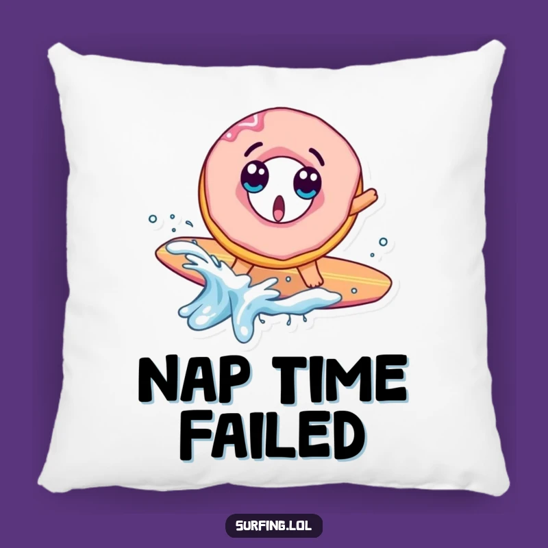 Funny Donut Surf Fail Pillow: Surprised Splash, Cozy & Comical Decor