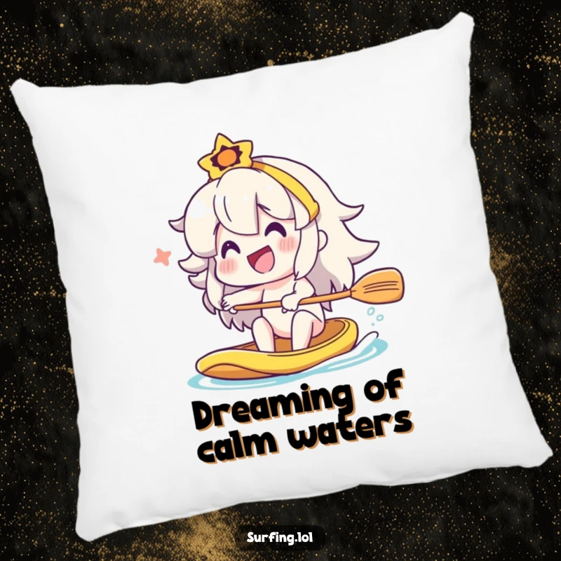 Funny character paddling a kayak with a big smile, comfortable pillow for a funny gift.