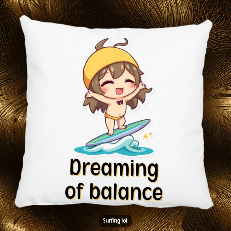 Funny Handstand Character Pillow: Character winking and doing a handstand on a surfboard with playful balance, ideal funny gift.