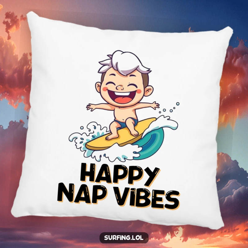 Funny pillow showcasing a joyful character surfing a wave with an exaggerated goofy grin, offering plush comfort and contagious happiness.