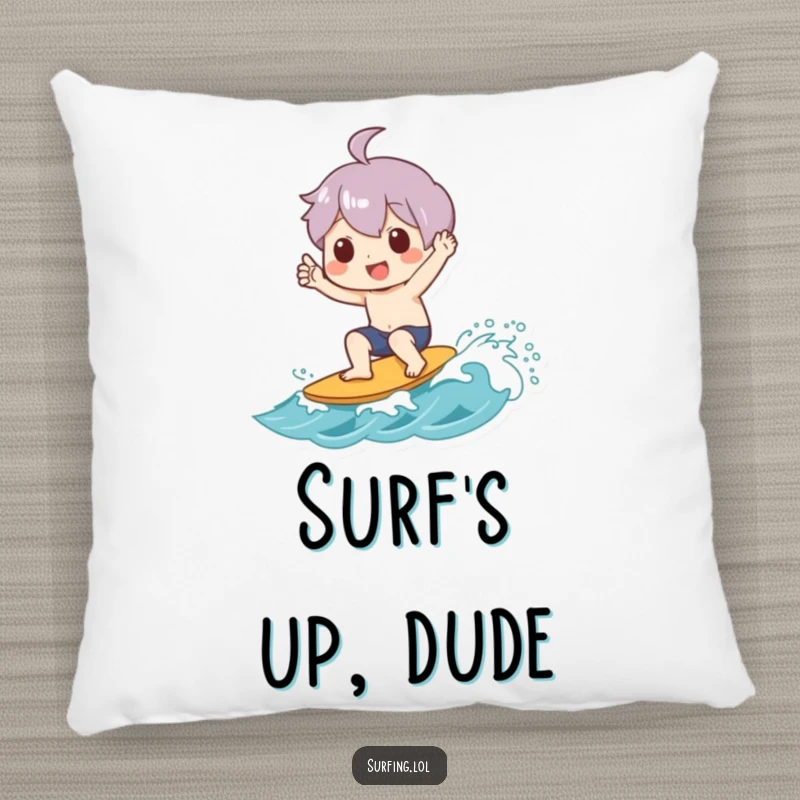 Funny pillow design of a character joyfully giving a shaka sign while riding a small wave, bringing beach vibes indoors.
