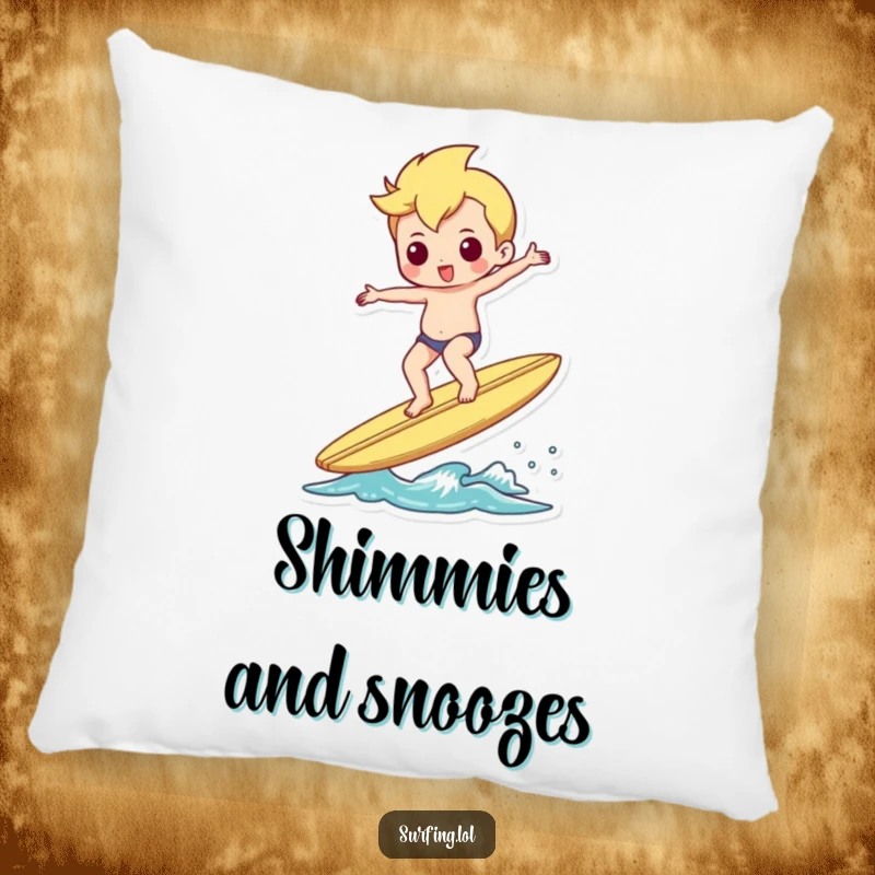 Funny pillow showing a surfer perfectly balancing on a surfboard, doing a little shimmy, perfect for relaxation.