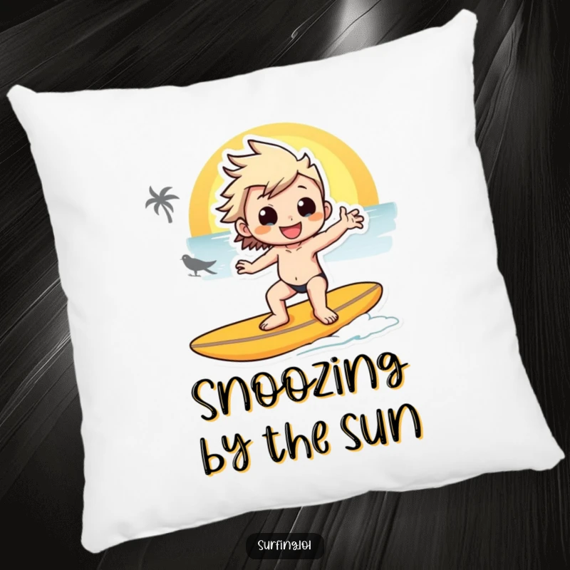 Funny pillow featuring a character's cool sunset surf pose, offering plush comfort and a reminder of beachside serenity.
