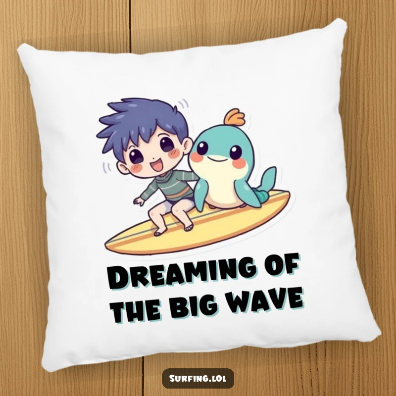 Funny pillow illustrating a character and sea creature happily sharing a surfboard, offering soft comfort and humorous beach vibes.