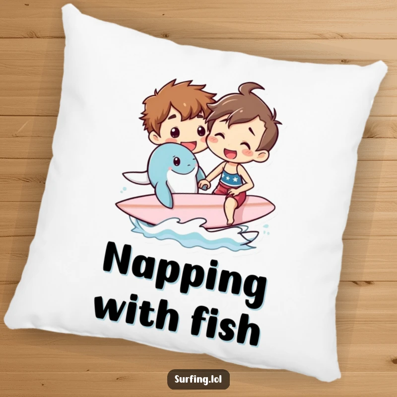 Funny pillow featuring a person teaching a sea creature to surf, adding coastal charm and humorous comfort to any living space.