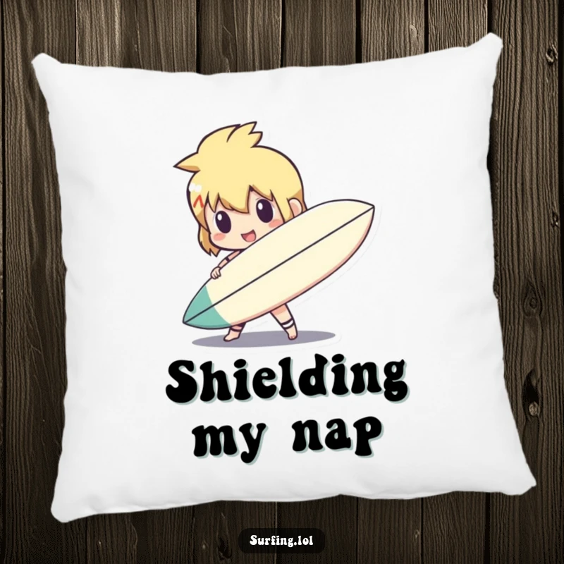 Funny cute character holding a surfboard like a shield on a pillow, adding comfort and a heroic touch, a funny gift.
