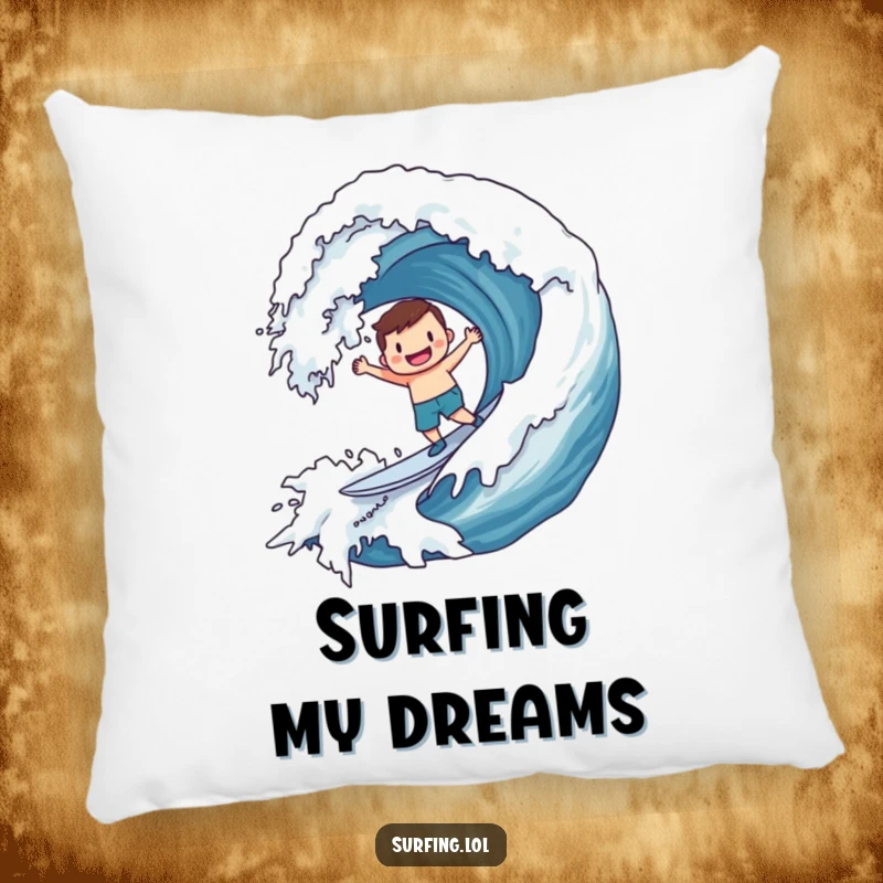 Funny Pillow: Character joyfully surfing a massive wave with a smiley face, bringing cozy, humorous beach vibes to any room.