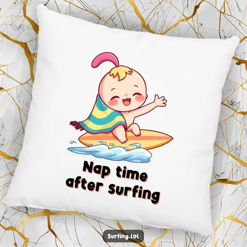 Funny joyful character playfully wiping across surfboard with a colorful towel on a pillow, adding comfort and humor, a funny gift.