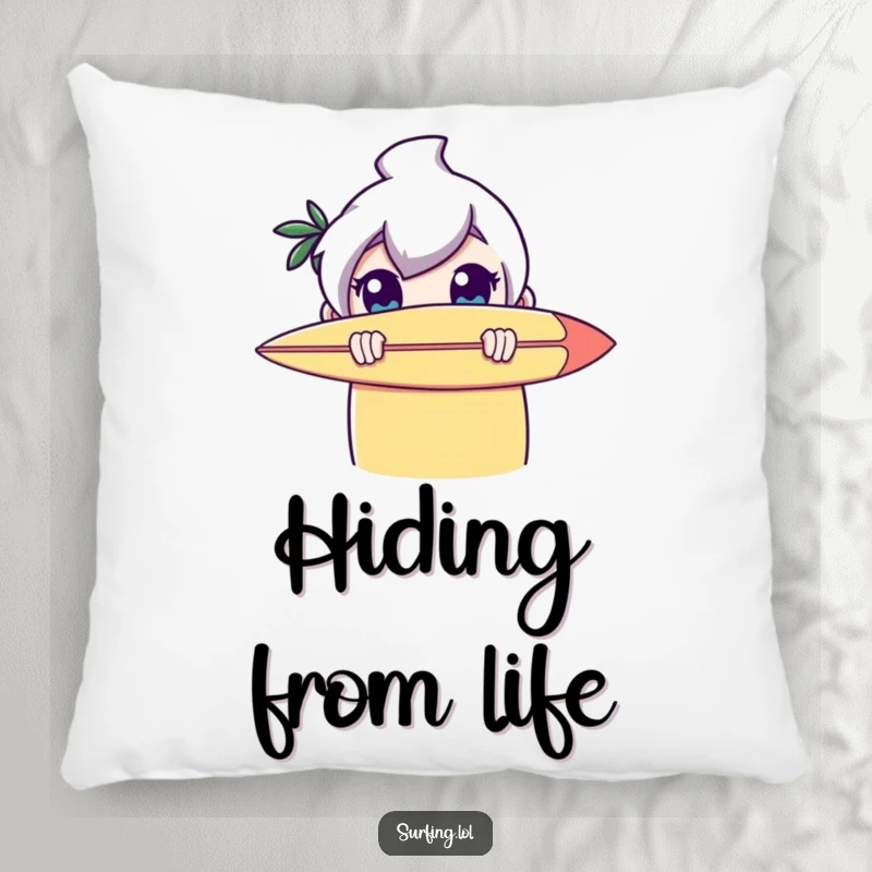 Funny pillow featuring a character hiding behind a surfboard, peeking out with comically large, innocent eyes, perfect for cozying up.