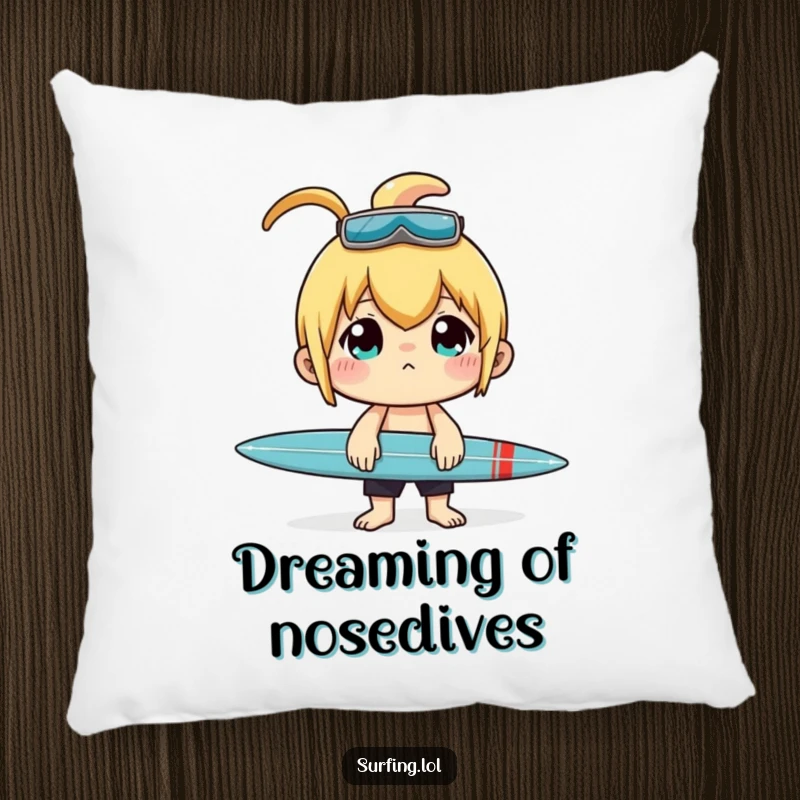 Funny pillow featuring a character with laser-like concentration balancing a surfboard on their nose.