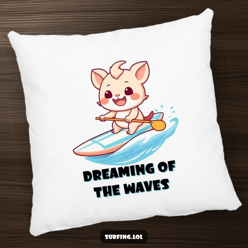 Funny pillow depicting a sweet creature with a wide, happy grin, successfully paddling a surfboard.