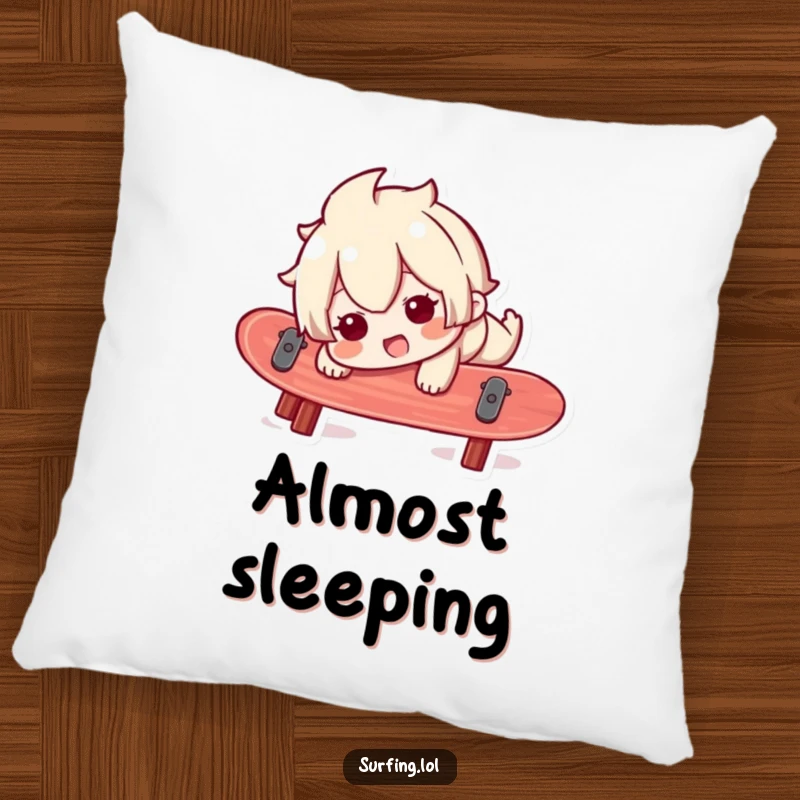 Funny pillow featuring a character humorously losing balance on a surfboard with a happy, startled face, adding playful decor.