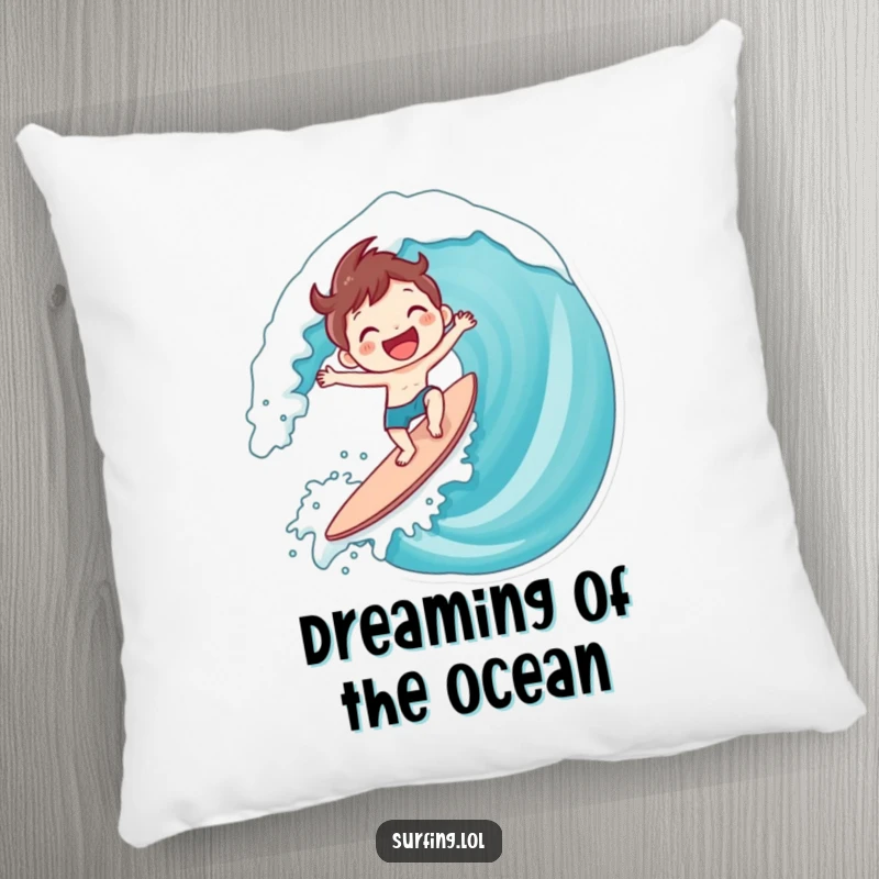 Funny Surfing Character Pillow: A cute character riding a giant wave with a huge smile, ideal funny gift.