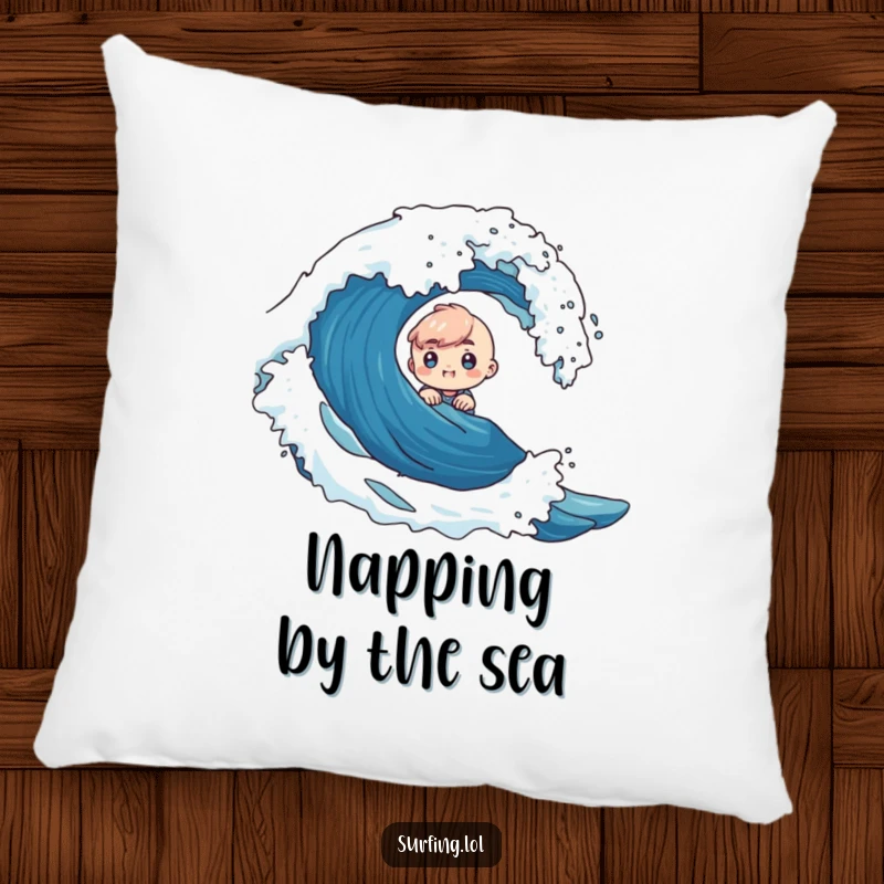Funny pillow design featuring a tiny character with curious excitement emerging from behind a large, dynamic ocean wave.
