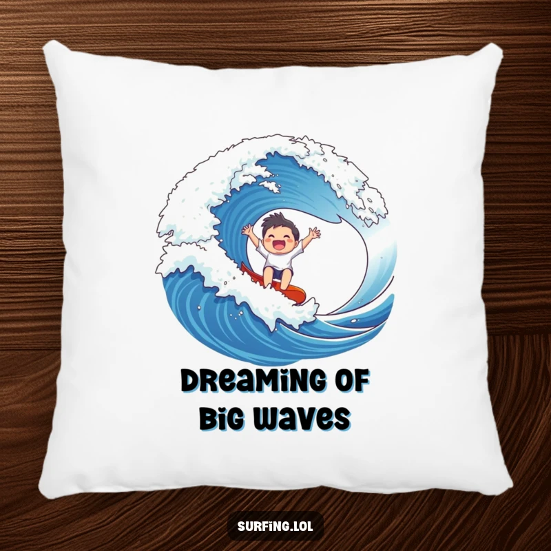 Funny Wave Rider Pillow: A gleeful character rides a massive wave, arms wide, offering comfort and joy.