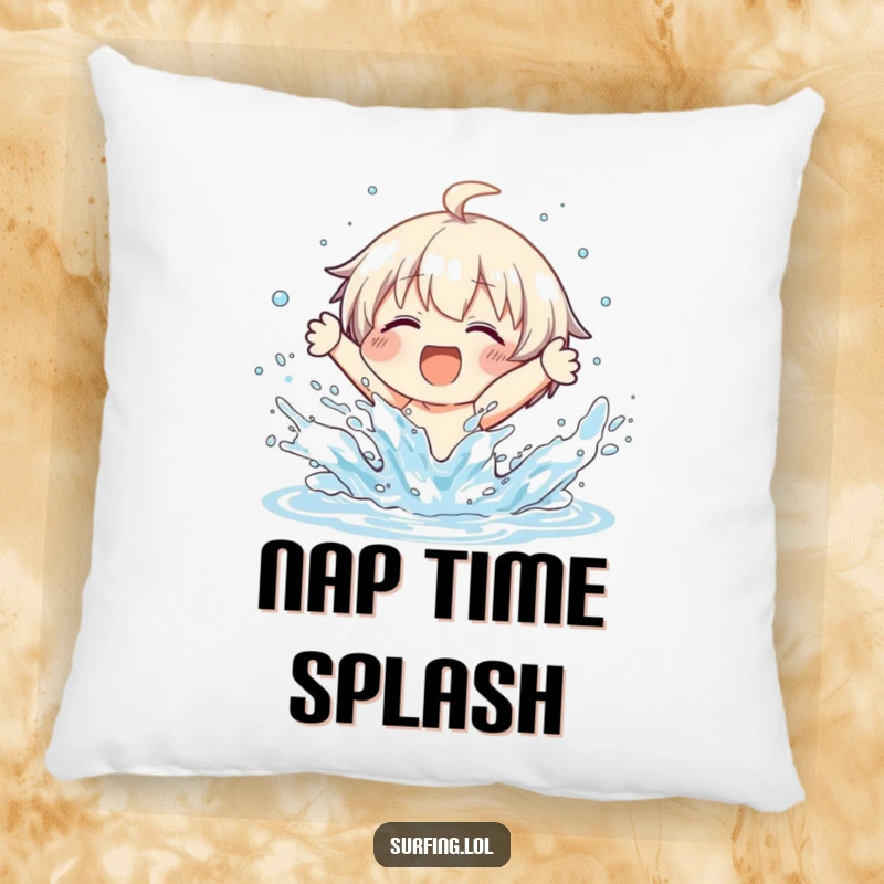 Funny pillow showing a character joyfully wiping out on a surfboard, with water splashing everywhere, for cozy spaces.