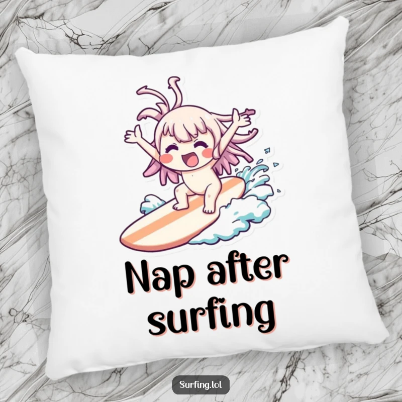 Funny Wipeout Kawaii Pillow: Kawaii character comically wiped out on a surfboard, arms flailing joyfully, ideal funny gift.