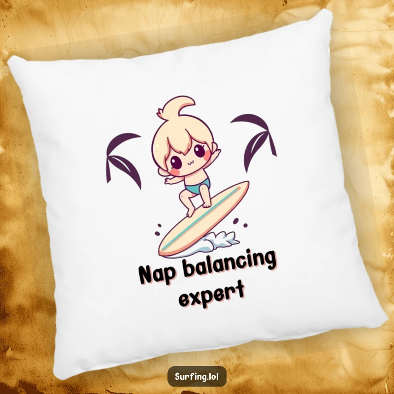Funny pillow showcasing a character in a comical balancing pose on a surfboard with a second surfboard, offering soft comfort and humor.