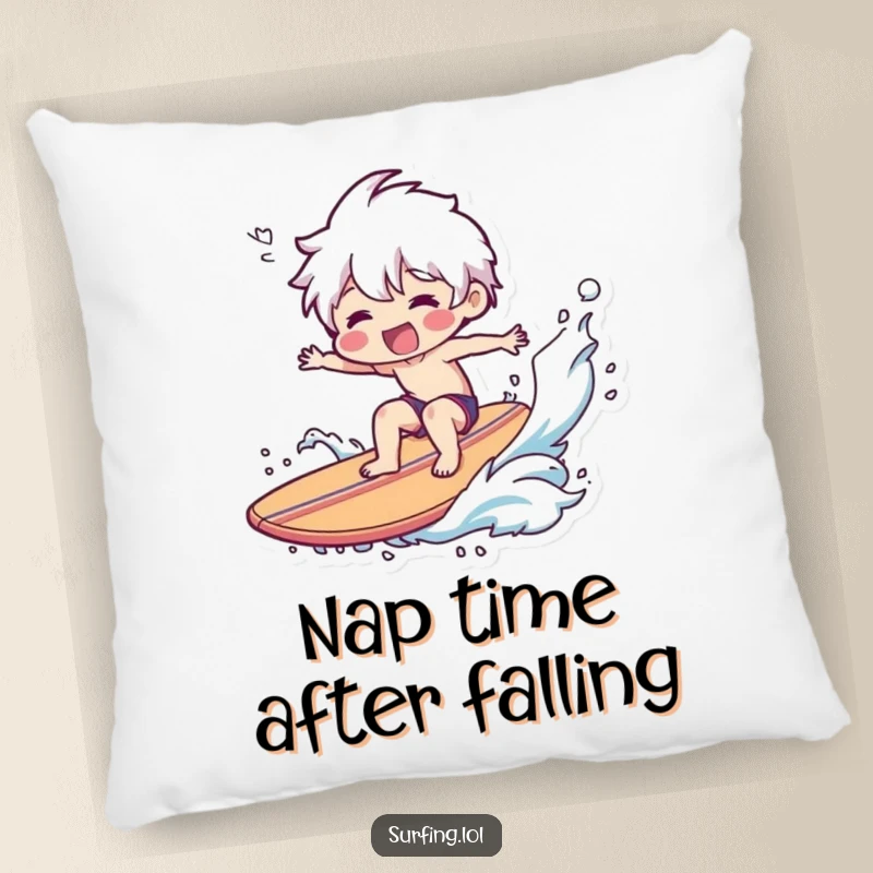 Funny Pillow: A character with a cheerful expression is caught mid-wipeout on a surfboard, surrounded by water.