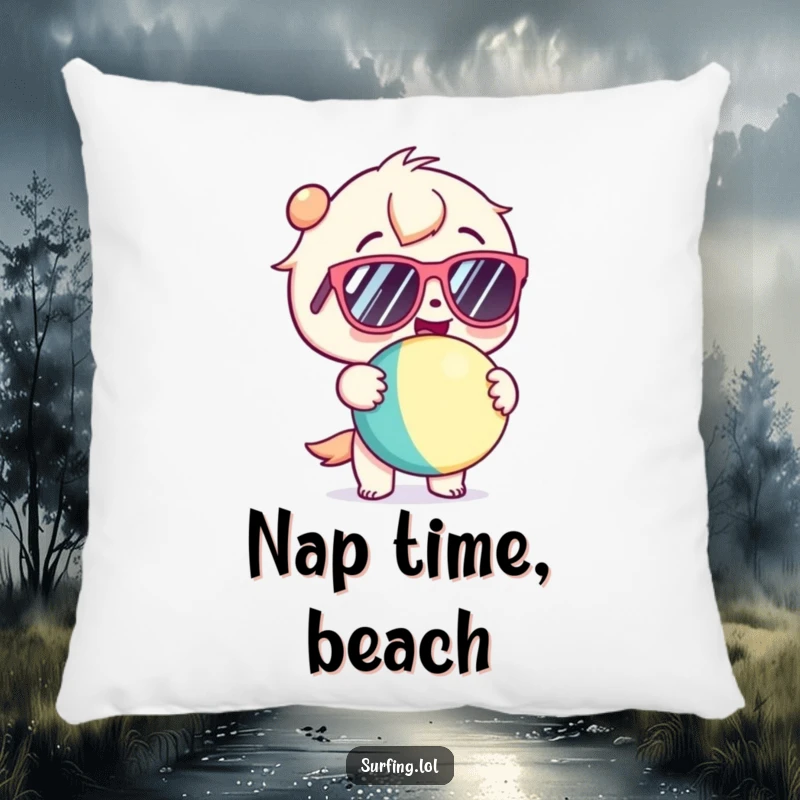 Funny pillow with a kawaii character in sunglasses, gleefully holding a beach ball, bringing cute vibes and comfort.