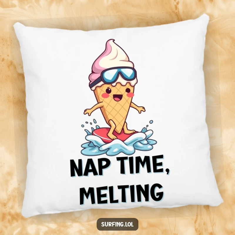 Funny ice cream cone character, melting dramatically, surfing, on a comfy pillow, humorous and plush.