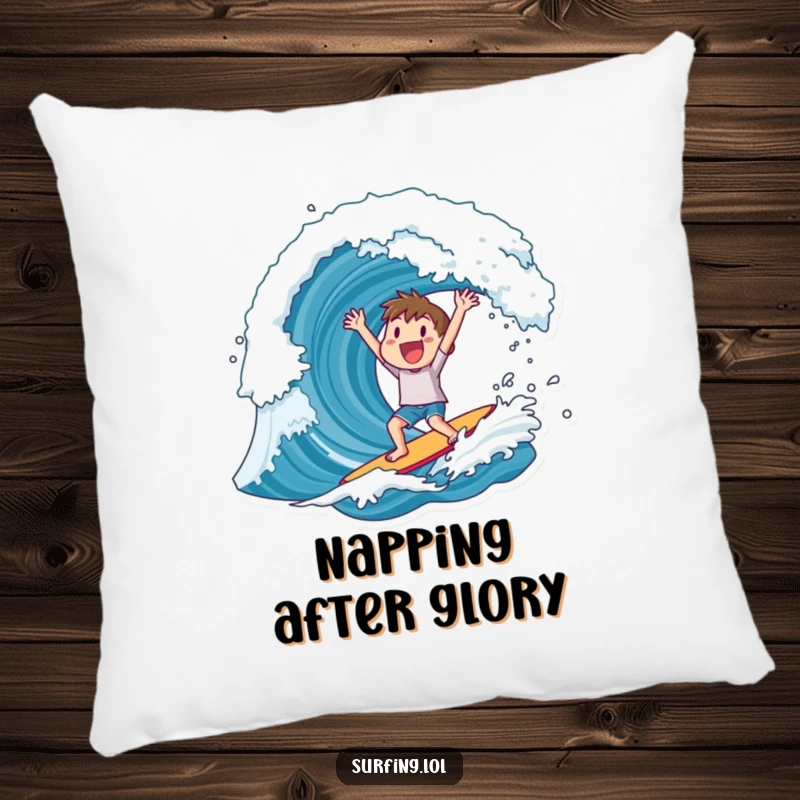 Funny pillow showing a character cheering after riding a huge wave, bringing seaside celebration indoors.
