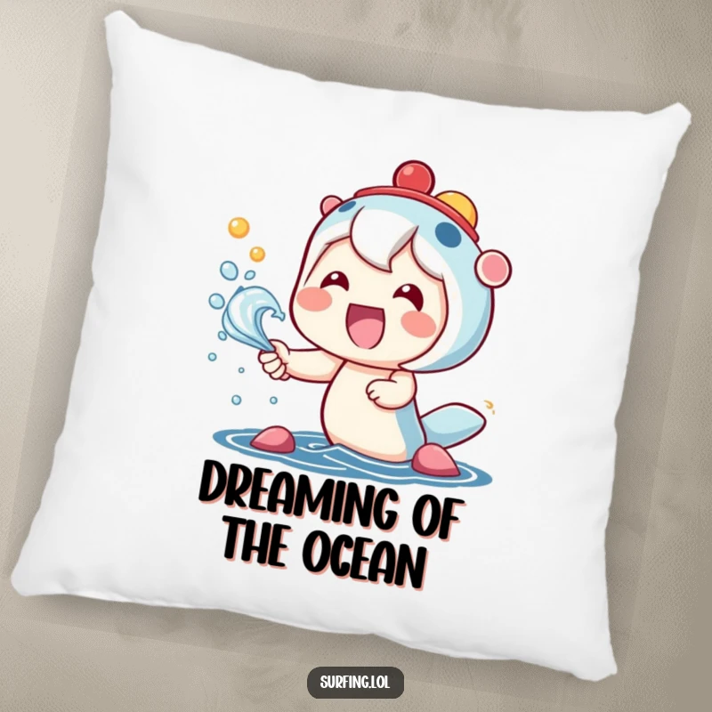 Funny pillow showcasing a kawaii character with a wide, happy smile, delightedly catching colorful sea spray.