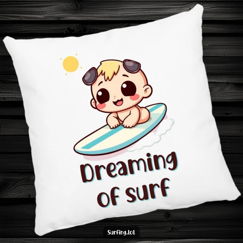 Funny pillow with a character sunbathing on a surfboard, perfect for adding comfort and a touch of beachy humor.