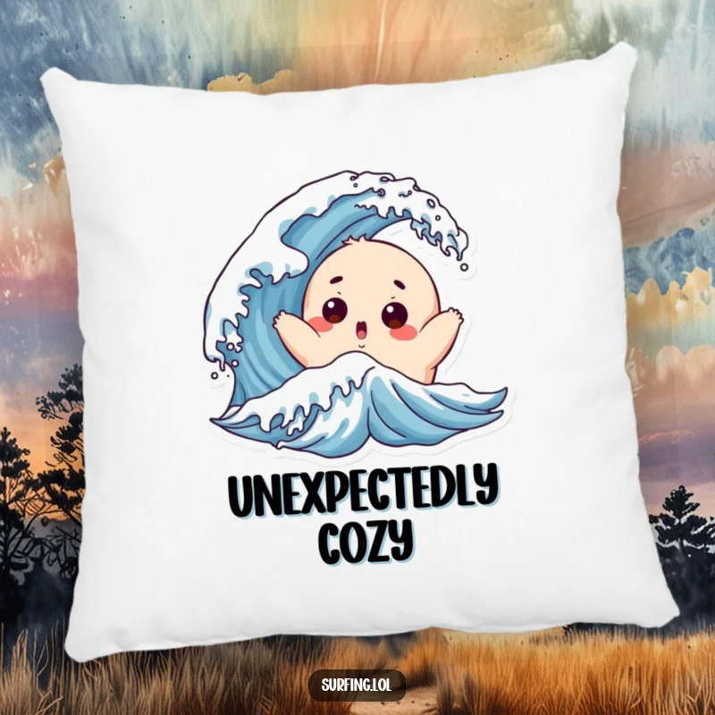 Funny Chubby Surfer Pillow: A chubby character with a surprised face is tossed by a wave, offering comfort.