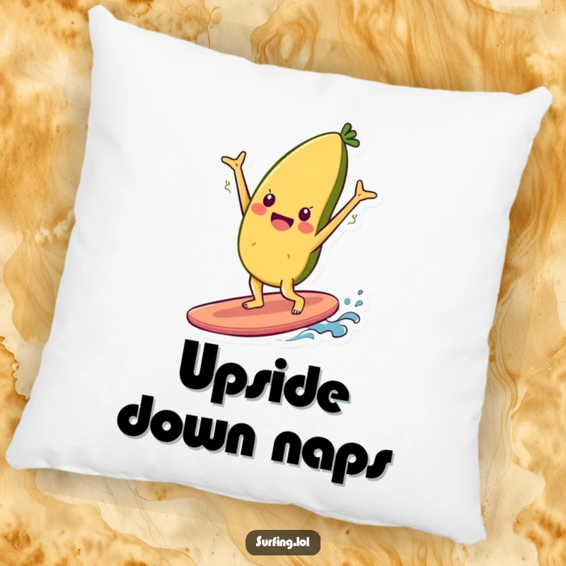 Funny pillow featuring a cheerful food item character doing a handstand on a surfboard, offering comfort and a touch of whimsical humor.