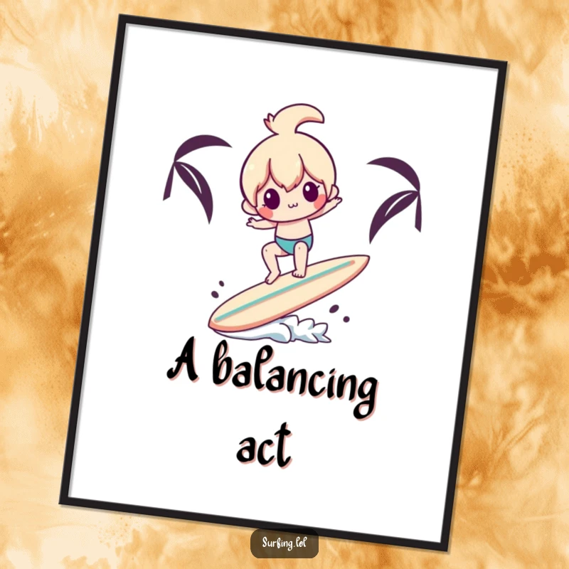 Funny digital art print of a character hilariously balancing on a surfboard while holding another, perfect for screensavers or printable art.