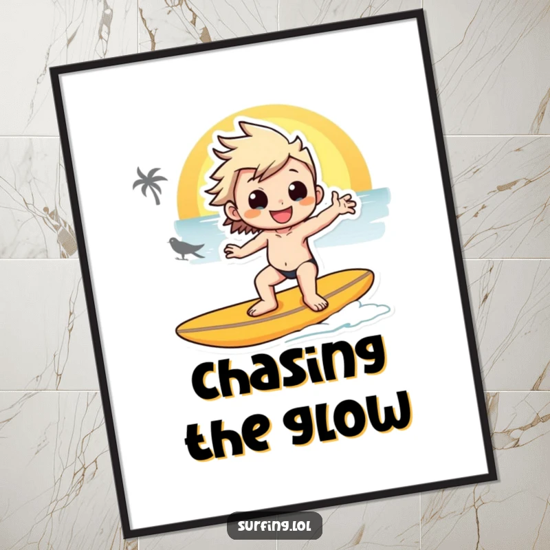 Funny digital art print of a character posing on a surfboard at sunset, perfect for screensavers, social media, or printable wall decor.