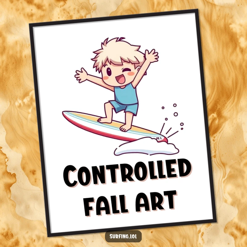 Funny Digital Art Print: Character precariously wobbling on a surfboard, arms flailing wildly, a comical and humorous ocean scene.