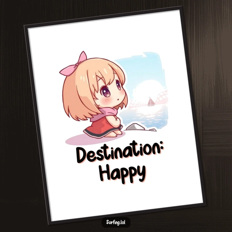 Funny digital art print of a character looking at a distant hopeful shore, symbolizing aspirations and bringing instant inspiration.