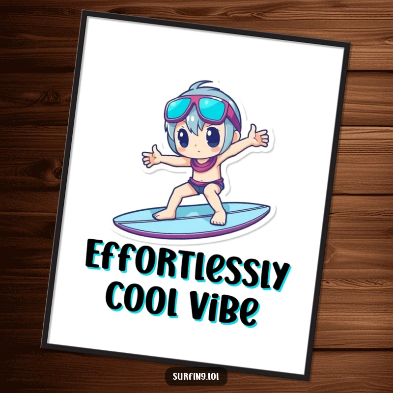 Funny Digital Art Print: A character balances on a surfboard, striking a remarkably cool and confident pose.