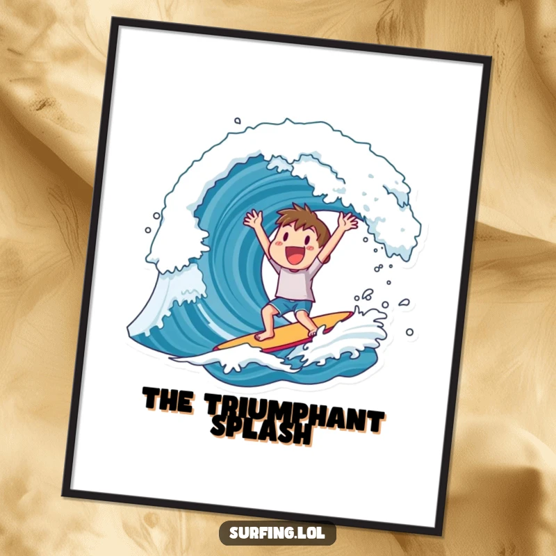 Funny digital art print of a character cheering wildly after successfully riding a huge wave, capturing pure elation.