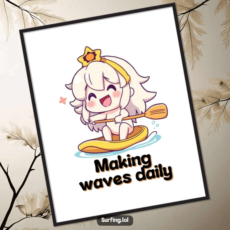 Funny character paddling vigorously with a big smile, digital art print for a funny gift.