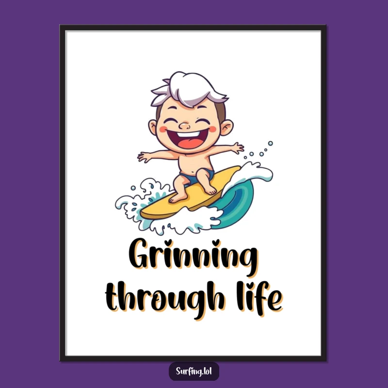 Funny Joyful Surfer Digital Art - Grin Vibes, Instant Funny Gift