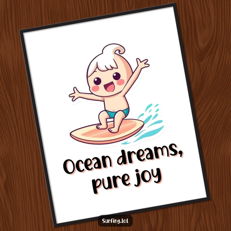 Funny kawaii character gleefully riding a surfboard with arms outstretched, a vibrant digital art piece, a perfect funny gift.