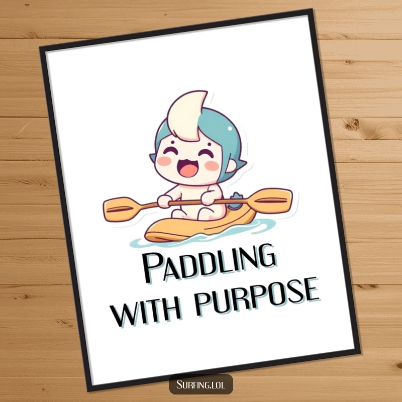 Funny digital art print of a character paddling with a determined grin, offering instant adventure and humor for home decor.