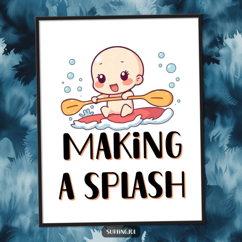 Funny digital art print of a character paddling furiously, leaving a trail of excited bubbles.