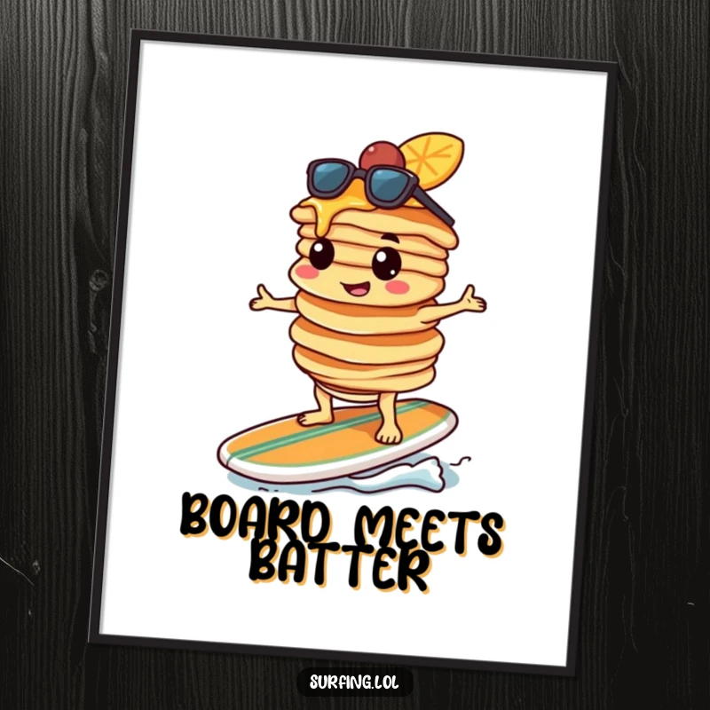 Funny pancake character, determined, balancing pancakes on a surfboard, riding a big wave, high-resolution digital art, humorous.
