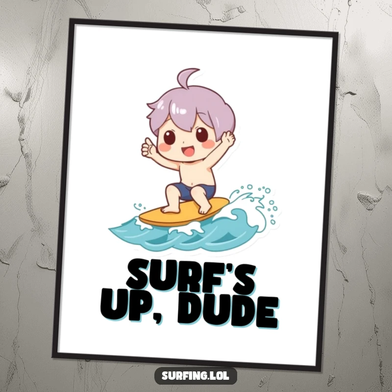 Funny digital art print of a character joyfully giving a shaka sign while riding a small wave, embodying surfer spirit.