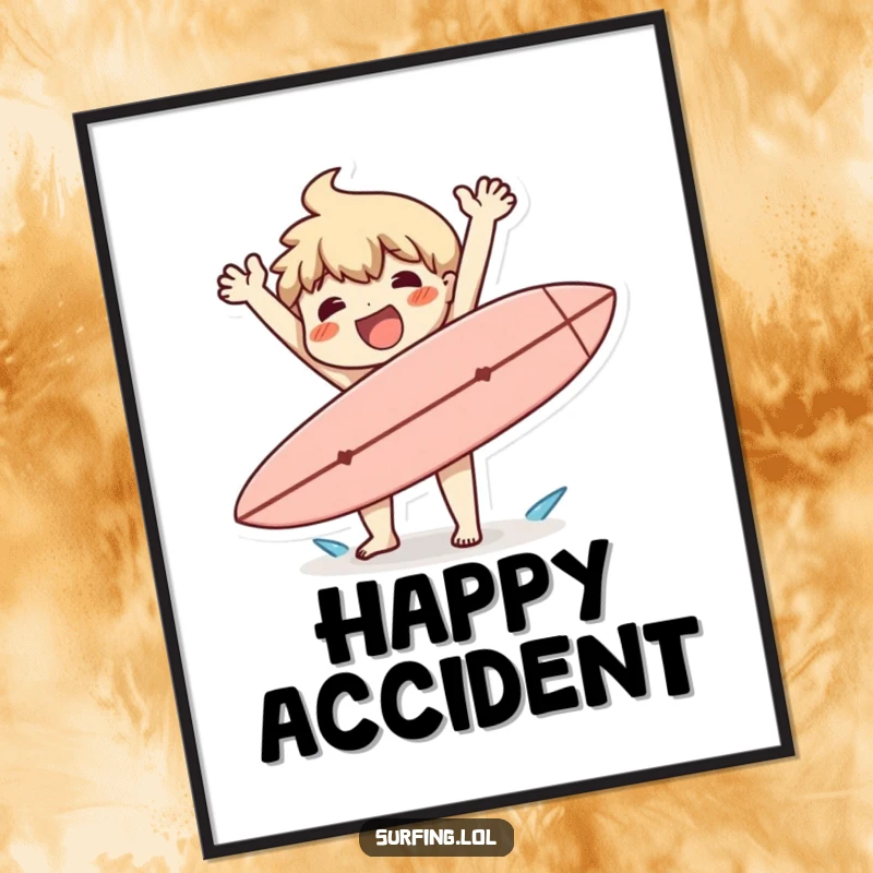 Funny digital art: A character happily flailing arms after clumsily dropping a surfboard, embodying playful beach mishap and pure joy.