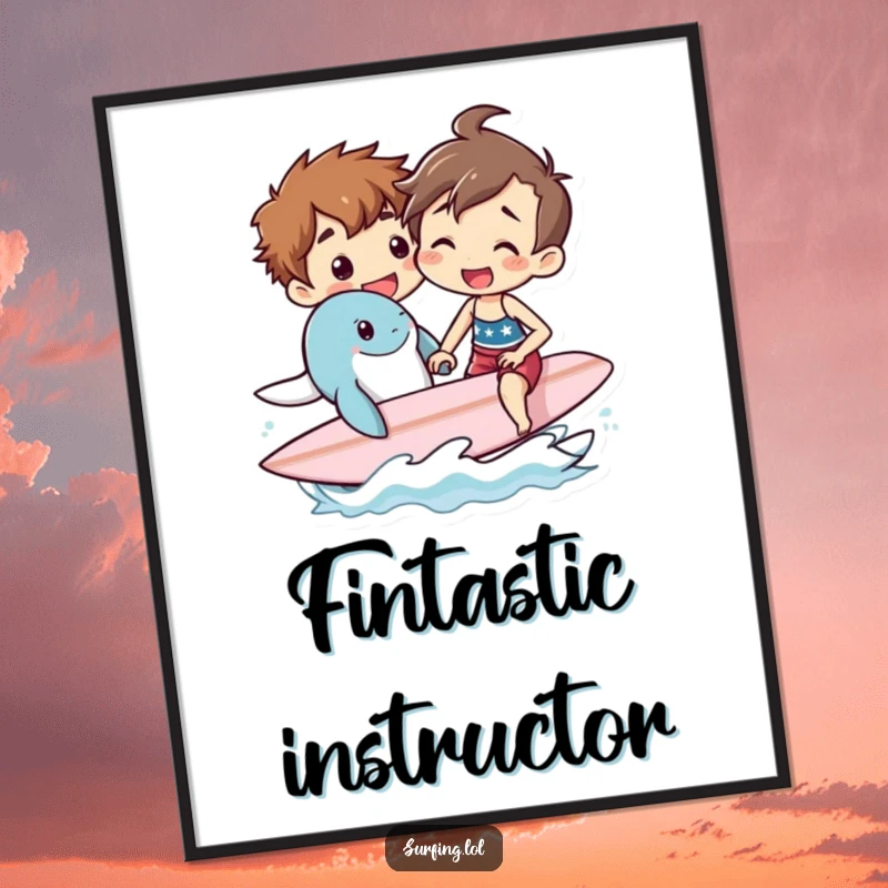 Funny digital art print of a person teaching a sea creature to surf, perfect for instant download and adding ocean humor to any screen.