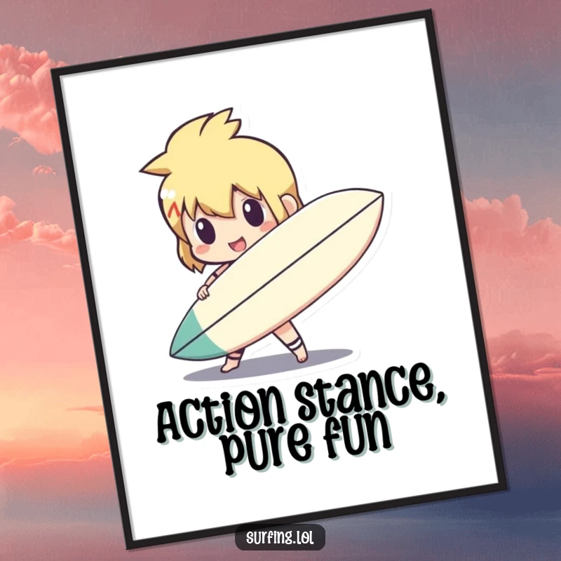 Funny cute character holding a surfboard like a shield, a heroic pose in digital art, a perfect funny gift.