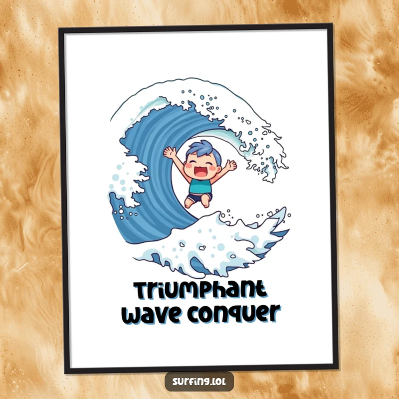 Funny Digital Art Print of a cute character with a triumphant grin, successfully riding a giant wave with epic style.