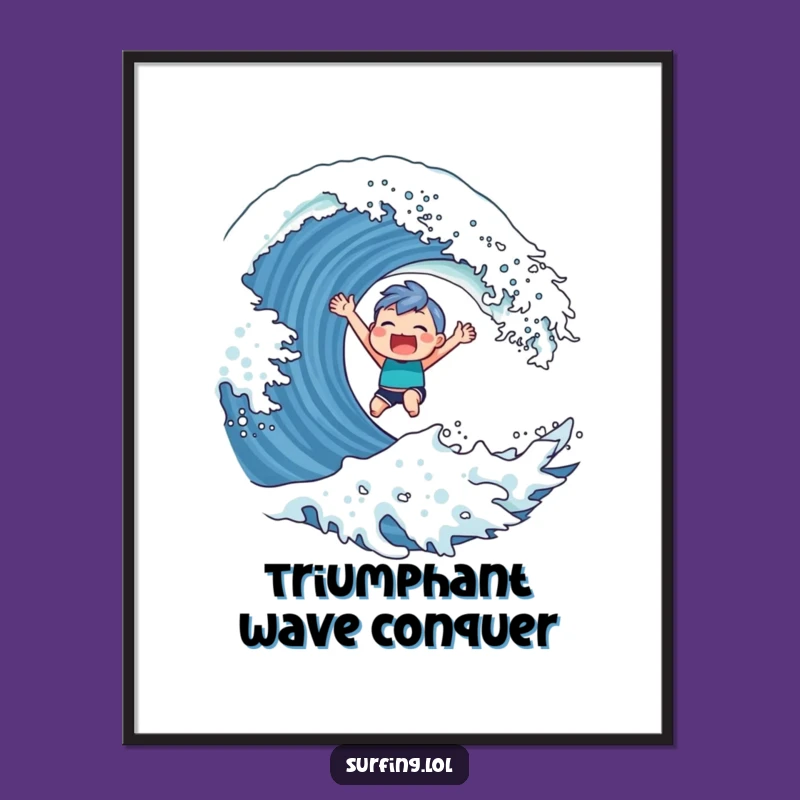 Funny Surfer Character Digital Art: Triumphant Wave Print, Instant Gift