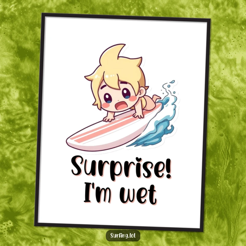 Funny digital art print of a character diving headfirst off a surfboard with a surprised gasp.