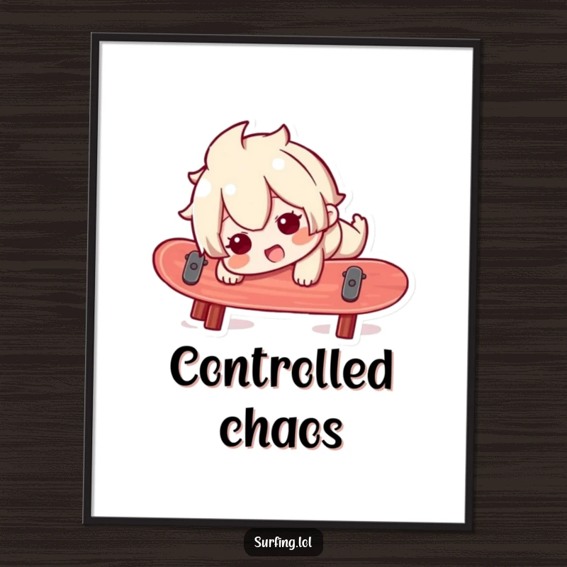 Funny digital art print of a character comically losing balance on a surfboard with a surprised, happy look, perfect for instant download.